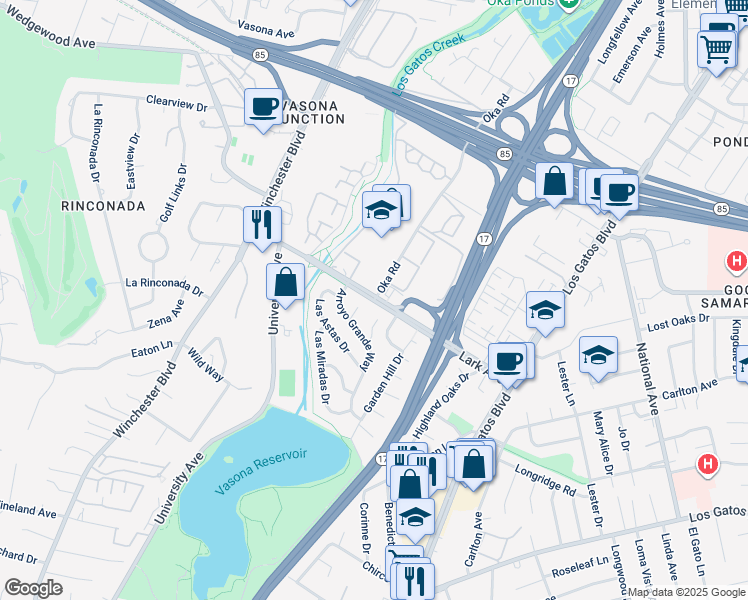 map of restaurants, bars, coffee shops, grocery stores, and more near Lark Avenue & Oka Road in Los Gatos