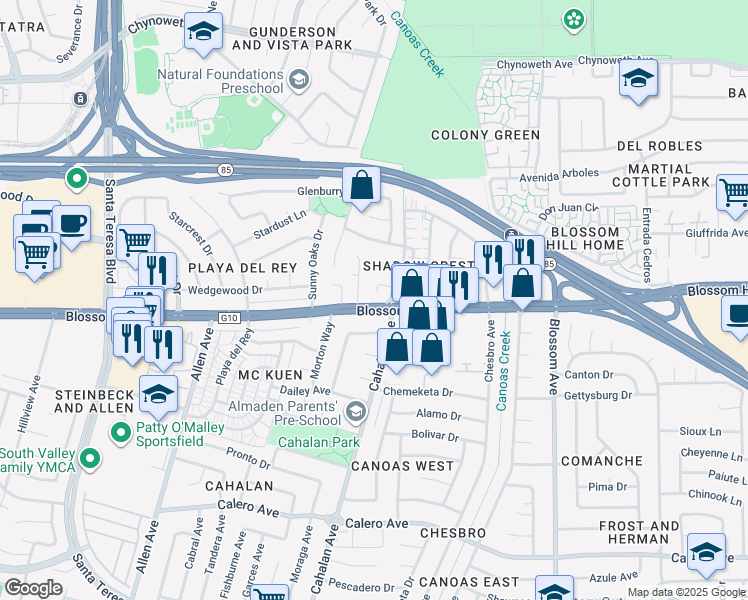 map of restaurants, bars, coffee shops, grocery stores, and more near 638 Lyonburry Place in San Jose