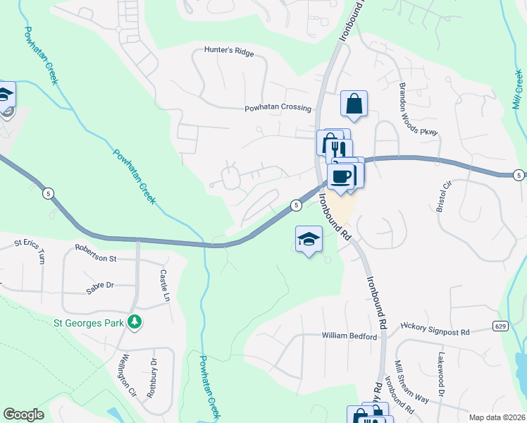 map of restaurants, bars, coffee shops, grocery stores, and more near 2000 Prosperity Court in Williamsburg