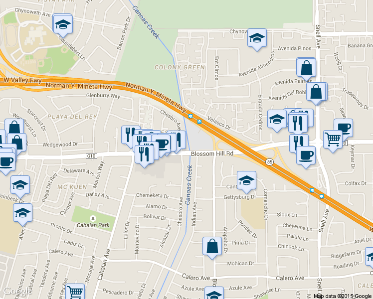 map of restaurants, bars, coffee shops, grocery stores, and more near 611 Blossom Hill Rd in San Jose