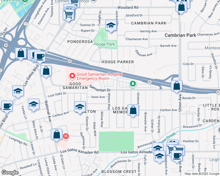 map of restaurants, bars, coffee shops, grocery stores, and more near 2291 Samaritan Drive in San Jose