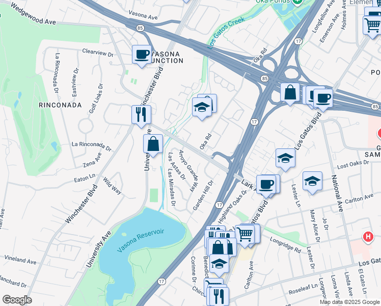 map of restaurants, bars, coffee shops, grocery stores, and more near 123 La Cienega Court in Los Gatos