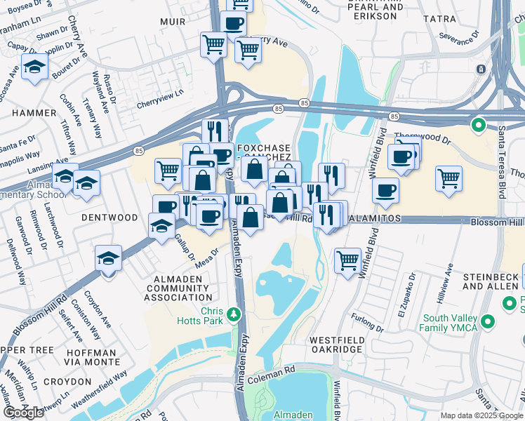 map of restaurants, bars, coffee shops, grocery stores, and more near 1063 Blossom Hill Road in San Jose