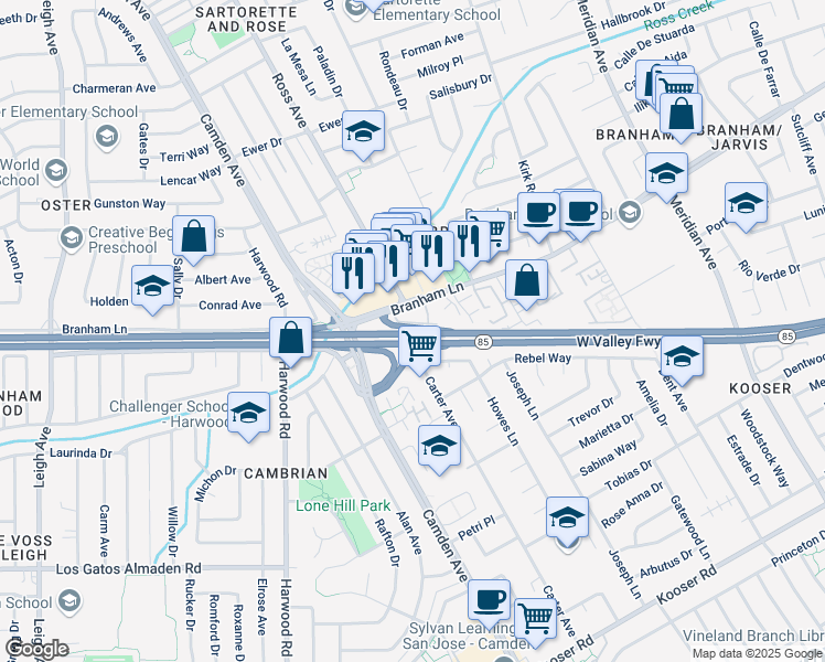 map of restaurants, bars, coffee shops, grocery stores, and more near 15015 Carter Avenue in San Jose