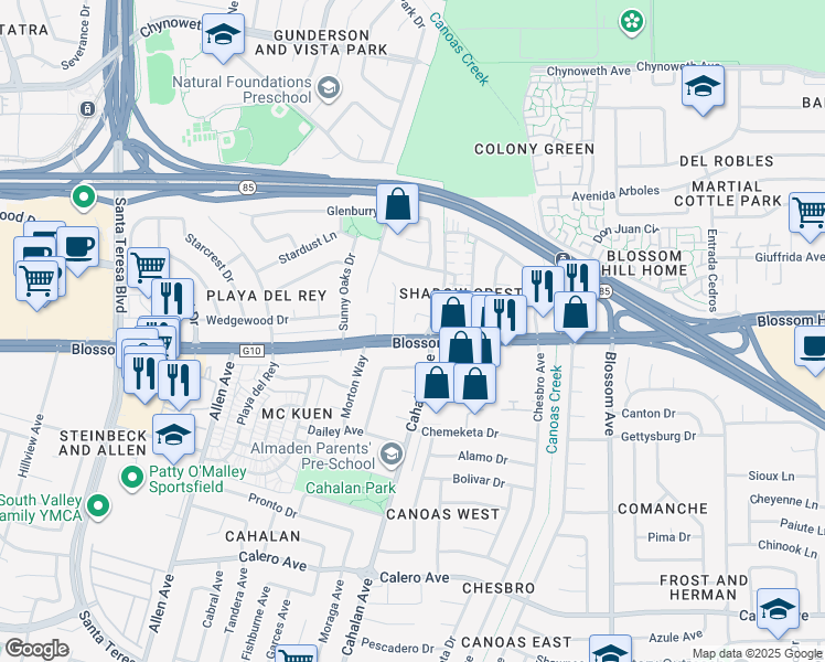 map of restaurants, bars, coffee shops, grocery stores, and more near 638 Lyonburry Place in San Jose