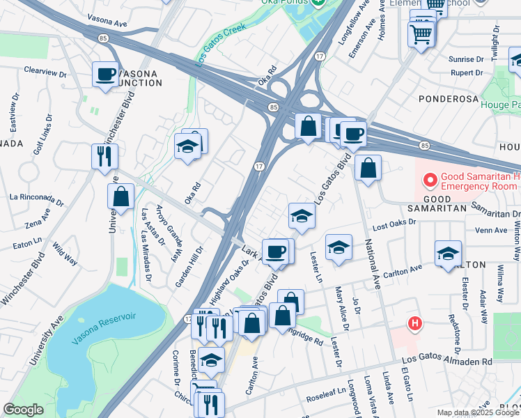 map of restaurants, bars, coffee shops, grocery stores, and more near 16293 Gellatt Ct in Los Gatos