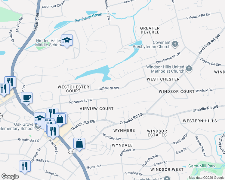 map of restaurants, bars, coffee shops, grocery stores, and more near 4230 Belford Street Southwest in Roanoke