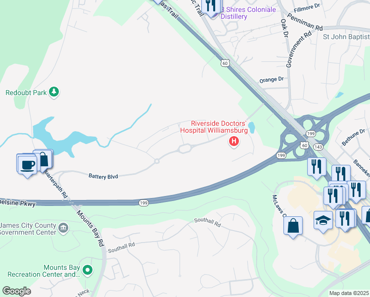map of restaurants, bars, coffee shops, grocery stores, and more near 3999 Battery Boulevard in Williamsburg