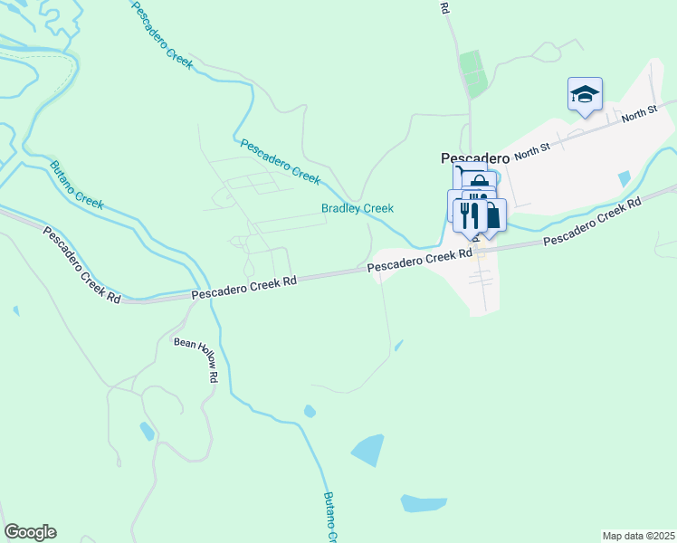 map of restaurants, bars, coffee shops, grocery stores, and more near 1601 Pescadero Creek Road in Pescadero