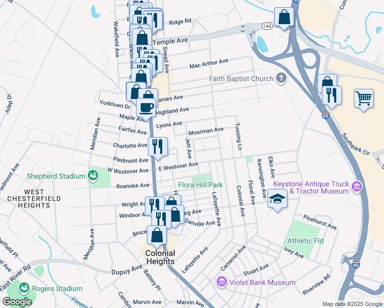 map of restaurants, bars, coffee shops, grocery stores, and more near 1111 Jett Avenue in Colonial Heights