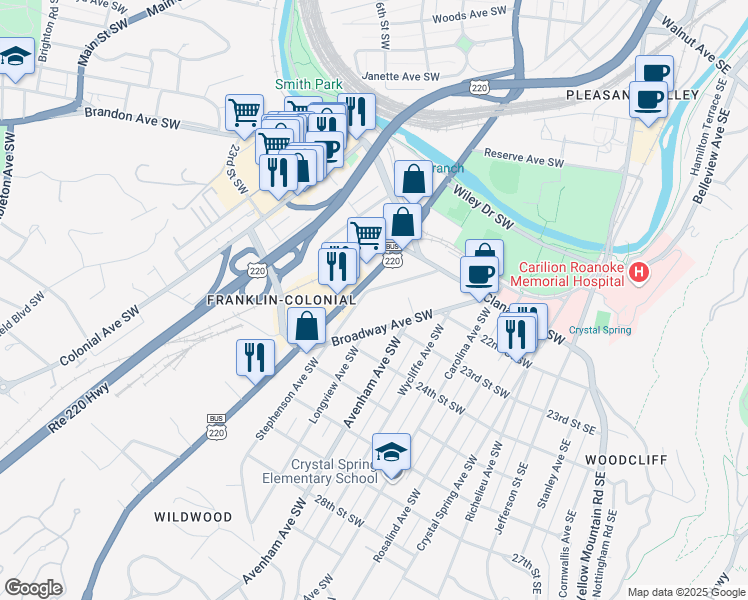 map of restaurants, bars, coffee shops, grocery stores, and more near 2122 Stephenson Avenue Southwest in Roanoke