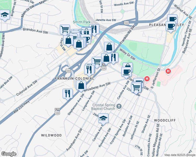 map of restaurants, bars, coffee shops, grocery stores, and more near 2122 Stephenson Avenue Southwest in Roanoke