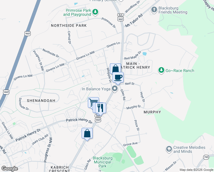 map of restaurants, bars, coffee shops, grocery stores, and more near 1509 Whipple Drive in Blacksburg