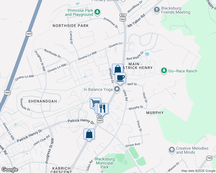 map of restaurants, bars, coffee shops, grocery stores, and more near 1509 Whipple Drive in Blacksburg