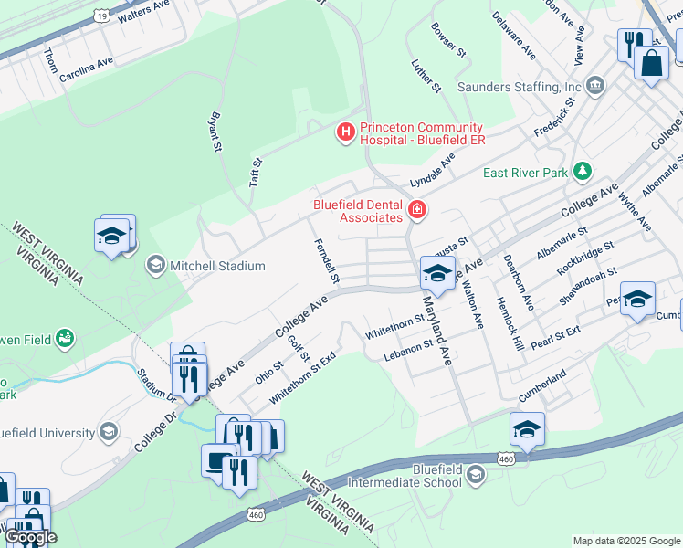map of restaurants, bars, coffee shops, grocery stores, and more near 1421 Augusta St in Bluefield