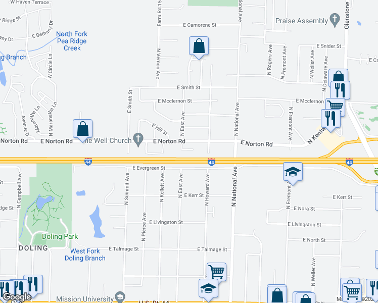 map of restaurants, bars, coffee shops, grocery stores, and more near 930 East Norton Road in Springfield
