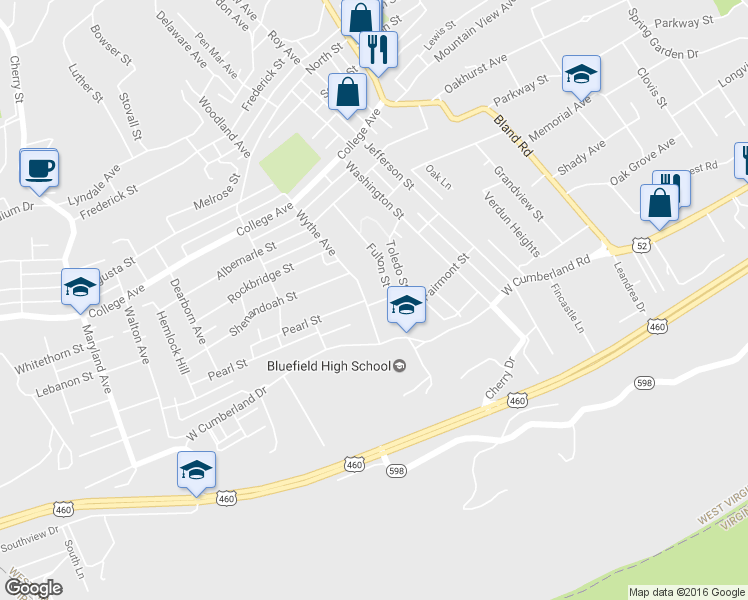 map of restaurants, bars, coffee shops, grocery stores, and more near 2301 Wythe Avenue in Bluefield