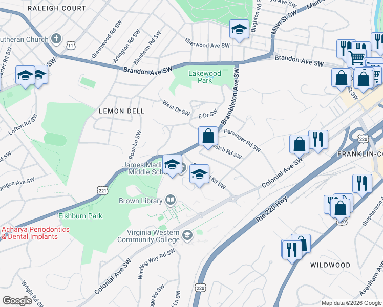 map of restaurants, bars, coffee shops, grocery stores, and more near 2333 Martin Lane Southwest in Roanoke