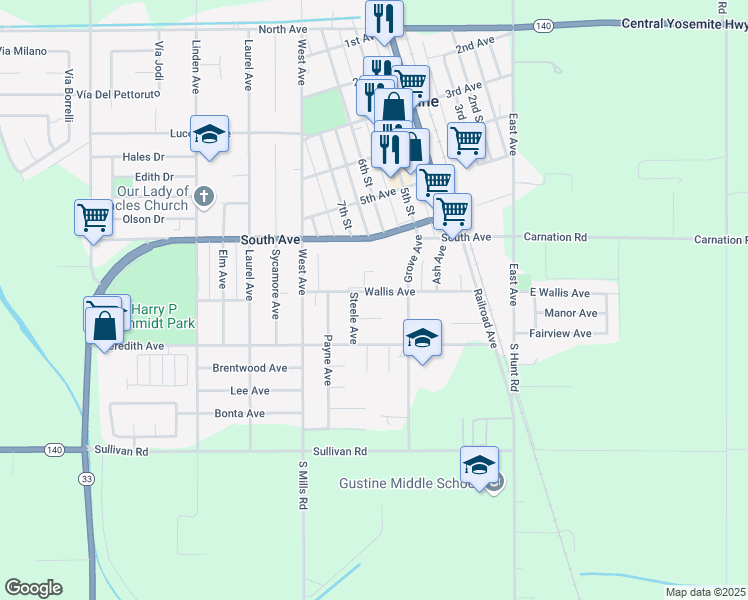 map of restaurants, bars, coffee shops, grocery stores, and more near 638 Wallis Avenue in Gustine