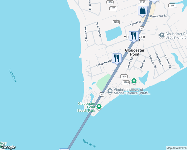 map of restaurants, bars, coffee shops, grocery stores, and more near 1409 State Route 1235 in Gloucester Point