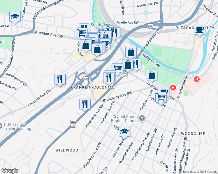 map of restaurants, bars, coffee shops, grocery stores, and more near 2239 Franklin Road Southwest in Roanoke