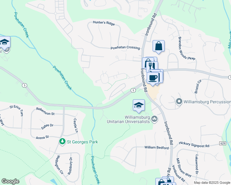 map of restaurants, bars, coffee shops, grocery stores, and more near 1701 Prosperity Court in Williamsburg
