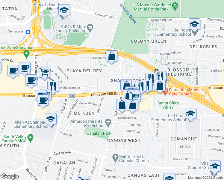 map of restaurants, bars, coffee shops, grocery stores, and more near 5586 Cooney Place in San Jose