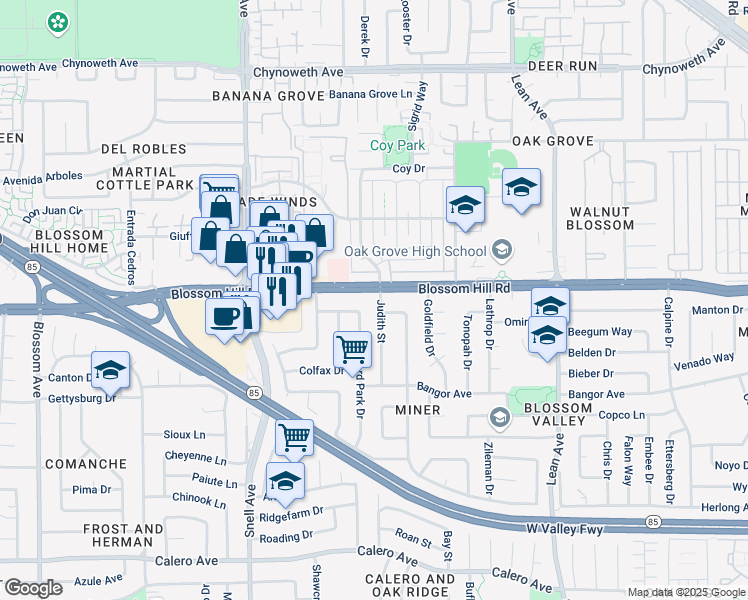 map of restaurants, bars, coffee shops, grocery stores, and more near 5613 Judith St in San Jose