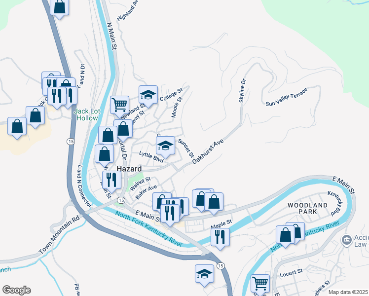map of restaurants, bars, coffee shops, grocery stores, and more near 251 Sunset Street in Hazard