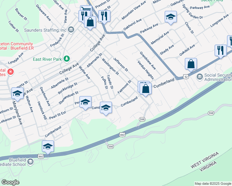 map of restaurants, bars, coffee shops, grocery stores, and more near 516 Fairmont Street in Bluefield