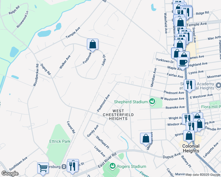 map of restaurants, bars, coffee shops, grocery stores, and more near 19714 Piedmont Avenue in Ettrick