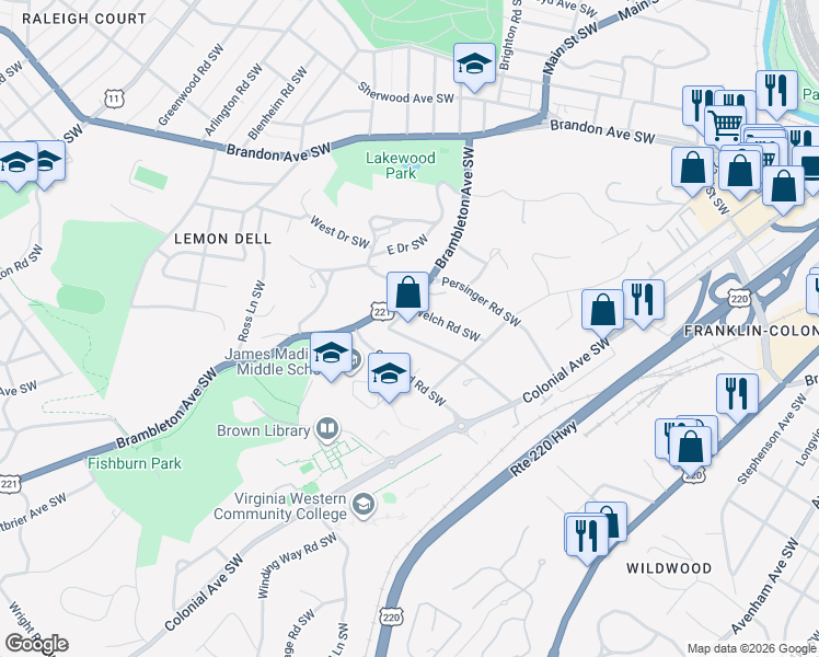 map of restaurants, bars, coffee shops, grocery stores, and more near 1155 Clearfield Road Southwest in Roanoke