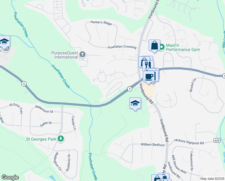 map of restaurants, bars, coffee shops, grocery stores, and more near 703 Prosperity Court in Williamsburg
