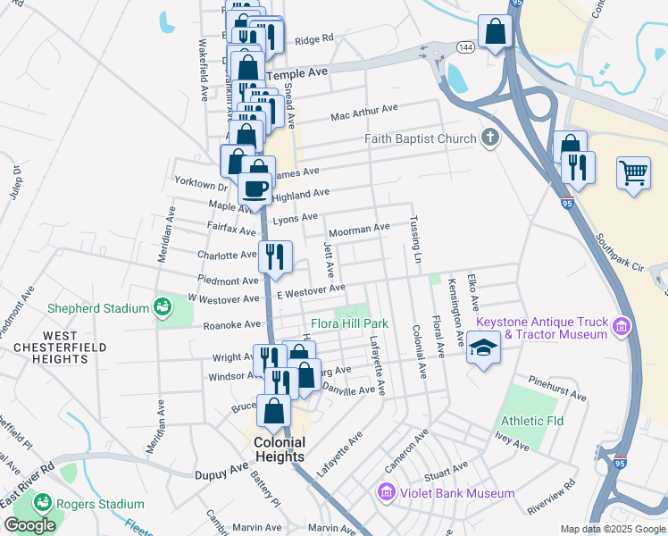 map of restaurants, bars, coffee shops, grocery stores, and more near 1111 Jett Avenue in Colonial Heights