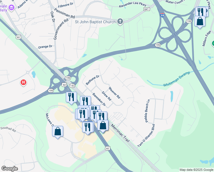 map of restaurants, bars, coffee shops, grocery stores, and more near 100 Luther Drive in Williamsburg