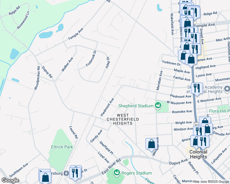 map of restaurants, bars, coffee shops, grocery stores, and more near 19714 Piedmont Avenue in Ettrick