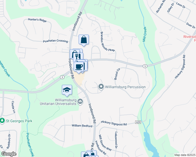 map of restaurants, bars, coffee shops, grocery stores, and more near 4585 Village Park Drive East in Williamsburg