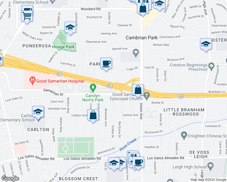 map of restaurants, bars, coffee shops, grocery stores, and more near 2066 Mendocino Lane in San Jose