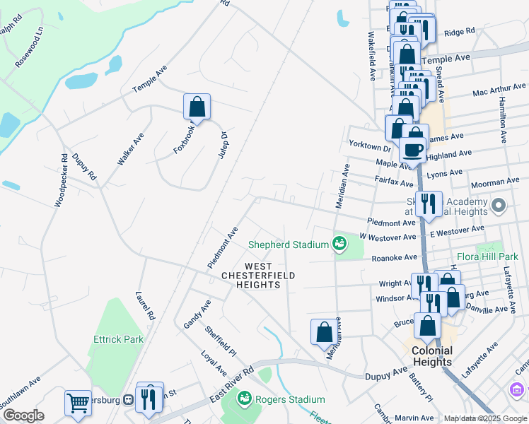 map of restaurants, bars, coffee shops, grocery stores, and more near 19905 Lincoln Avenue in Ettrick