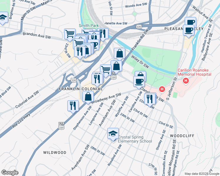 map of restaurants, bars, coffee shops, grocery stores, and more near 2116 Stephenson Avenue Southwest in Roanoke