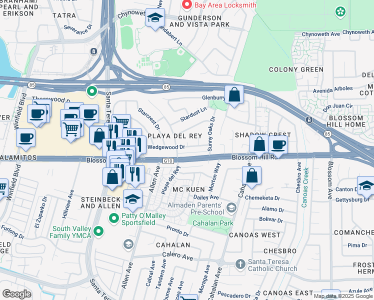 map of restaurants, bars, coffee shops, grocery stores, and more near 796 Wedgewood Drive in San Jose