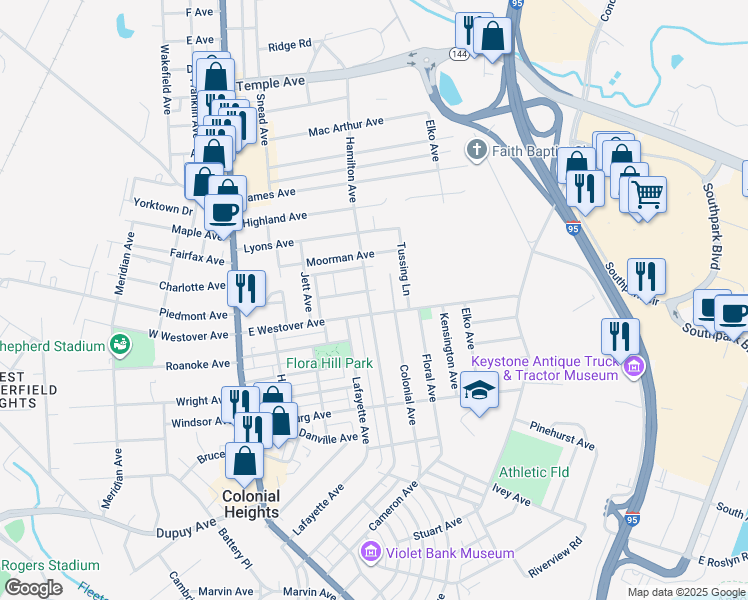 map of restaurants, bars, coffee shops, grocery stores, and more near 61 Colonial Court in Colonial Heights