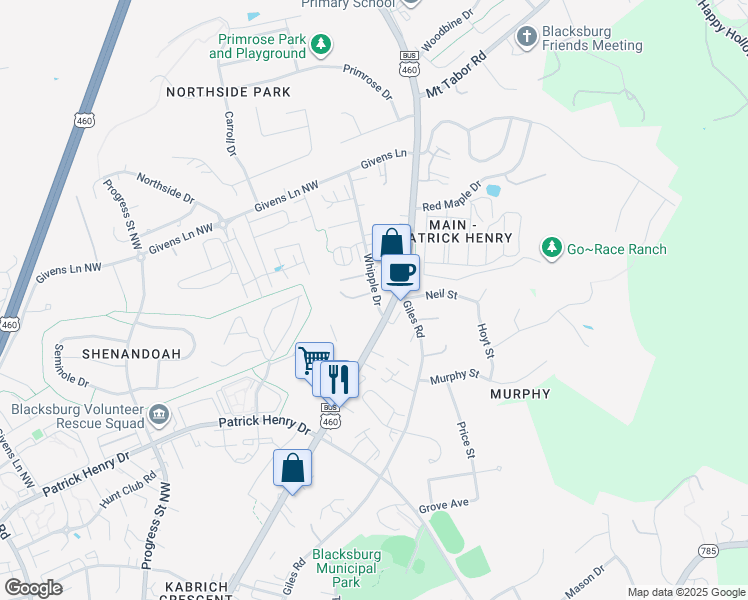 map of restaurants, bars, coffee shops, grocery stores, and more near 1502 Whipple Drive in Blacksburg