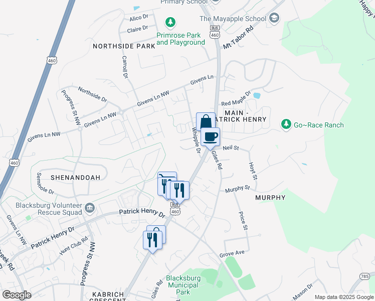 map of restaurants, bars, coffee shops, grocery stores, and more near 1509 Whipple Drive in Blacksburg
