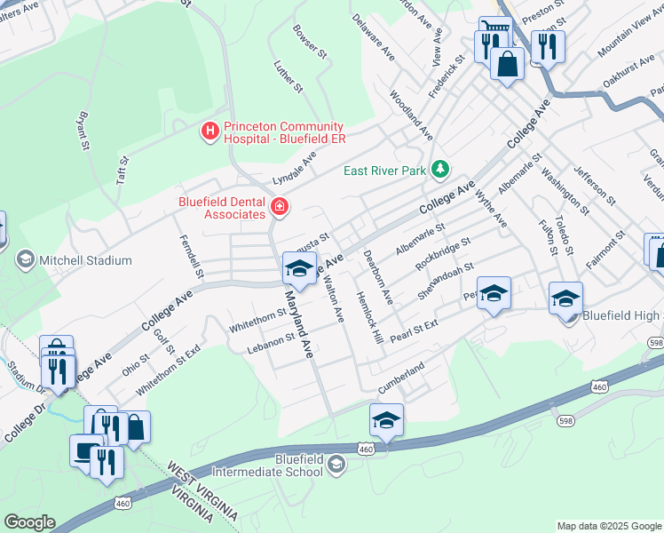 map of restaurants, bars, coffee shops, grocery stores, and more near 1119 College Avenue in Bluefield