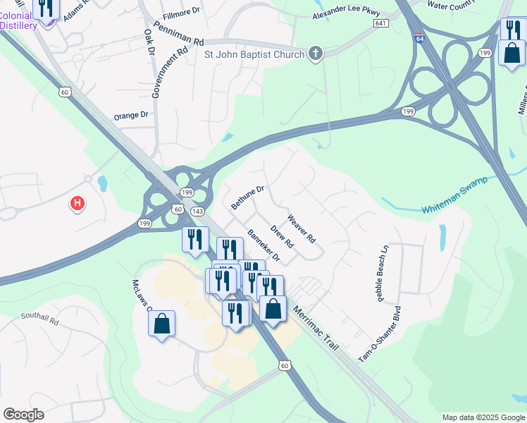 map of restaurants, bars, coffee shops, grocery stores, and more near 107 Drew Road in Williamsburg