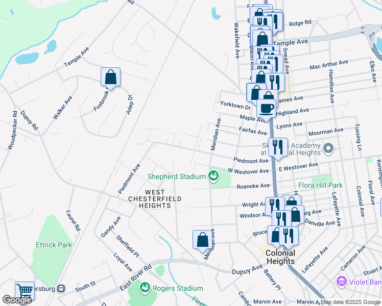 map of restaurants, bars, coffee shops, grocery stores, and more near 2901 Piedmont Avenue in Colonial Heights