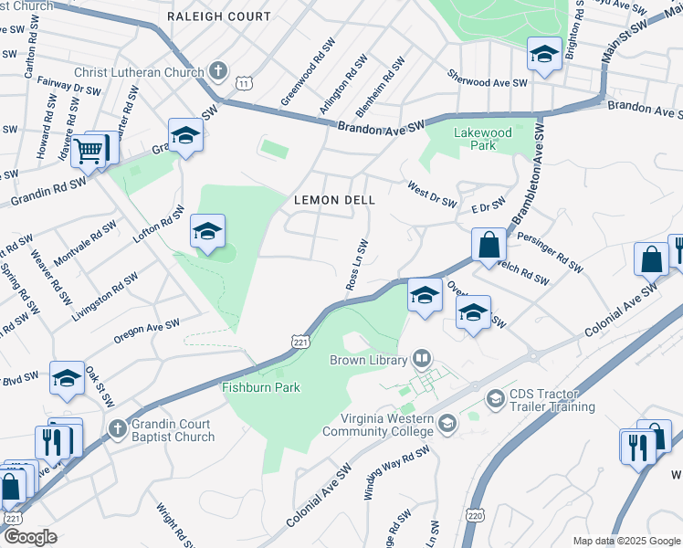 map of restaurants, bars, coffee shops, grocery stores, and more near 1601 Blair Road Southwest in Roanoke