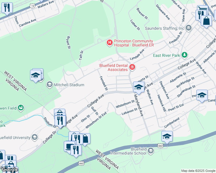 map of restaurants, bars, coffee shops, grocery stores, and more near 1421 Augusta Street in Bluefield