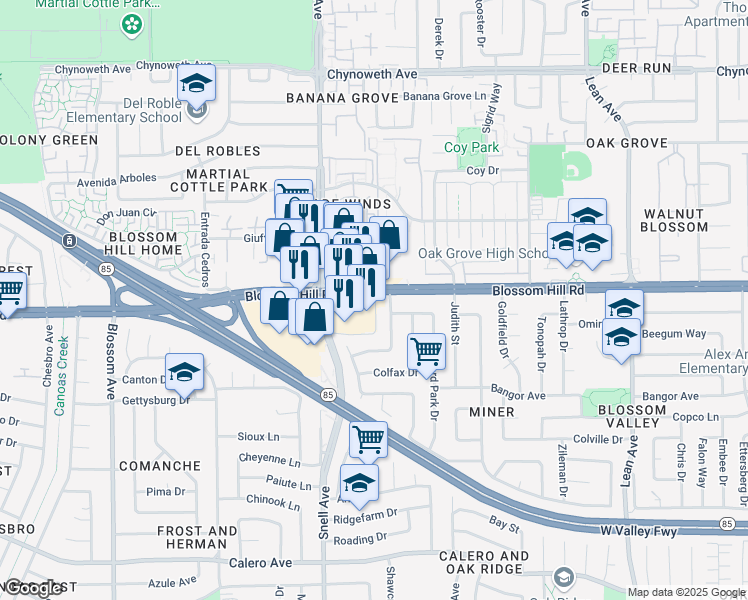 map of restaurants, bars, coffee shops, grocery stores, and more near 400 Blossom Hill Road in San Jose
